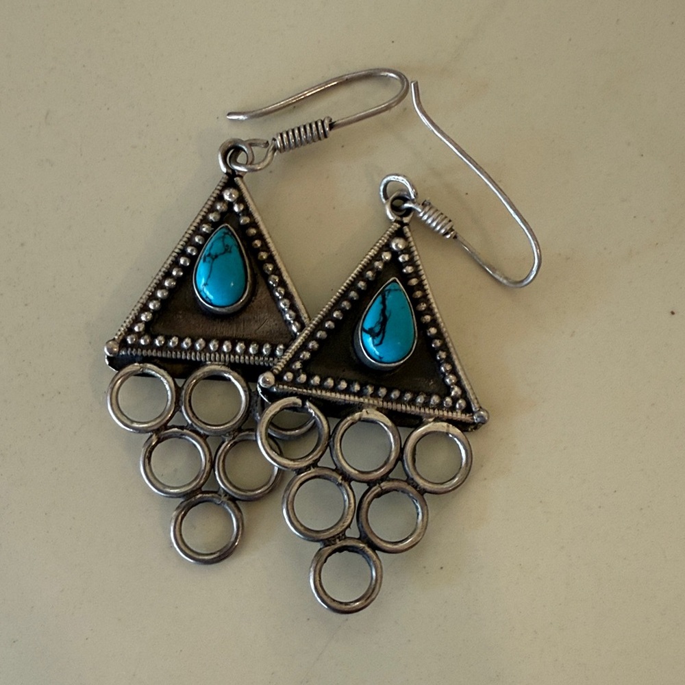 Silver And Turquoise Triangle Dangle Earrings - image 2
